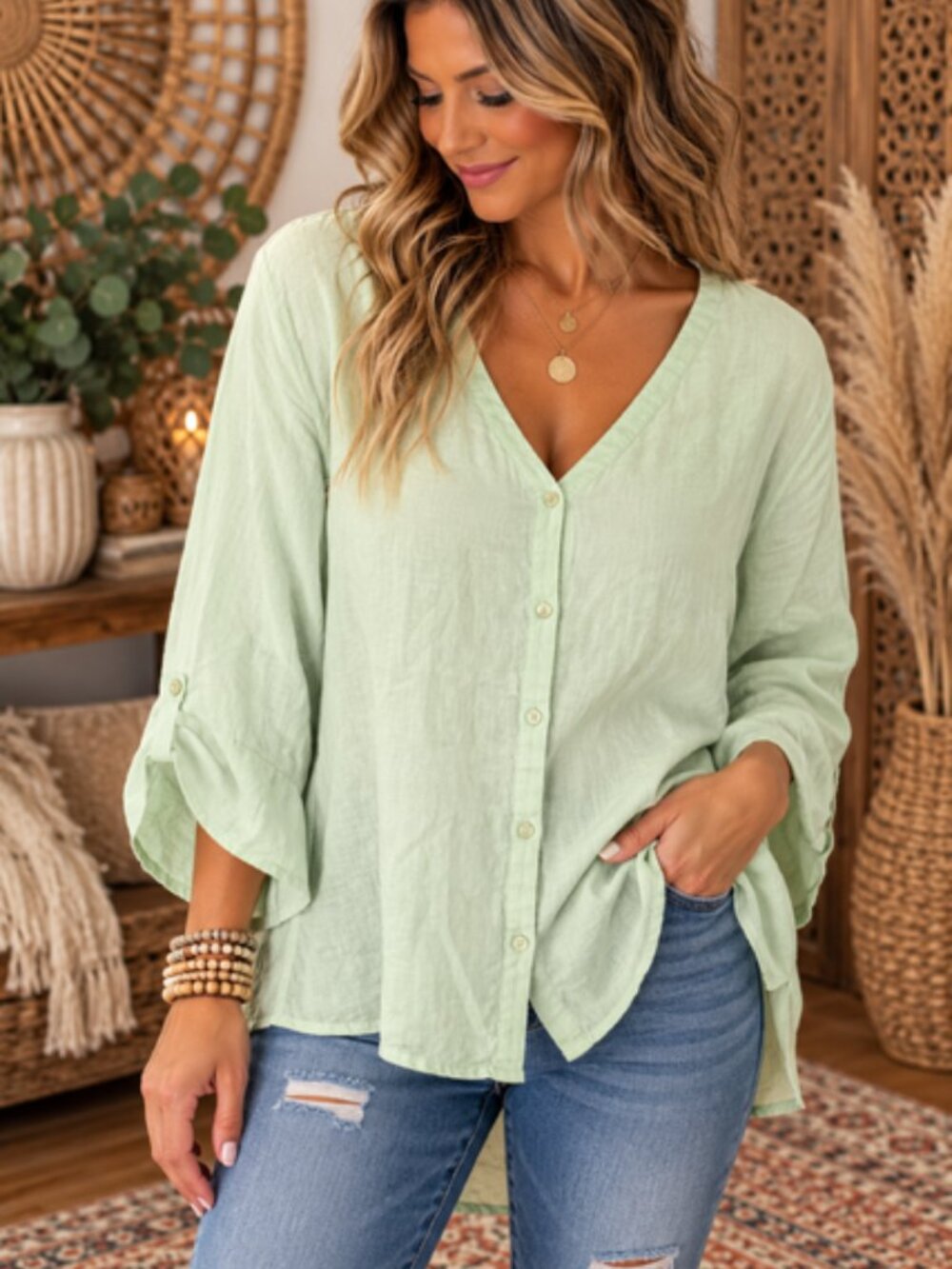Eileen Fisher Green Linen Top XL